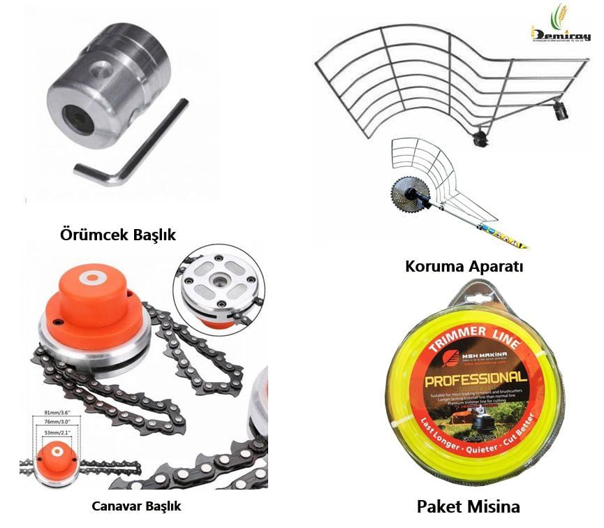Universal Motorlu Tırpan 4 lü Süper Paket - Koruyucu Aparat - Örümcek Başlık - Canavar Başlık